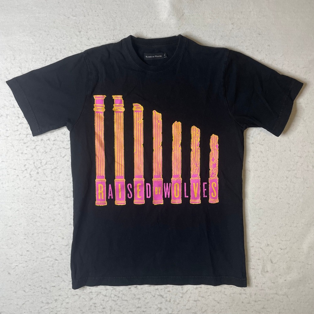 Raised By Wolves Mens Small Black Graphic‎ T-Shirt Pillars Logo Made in Canada